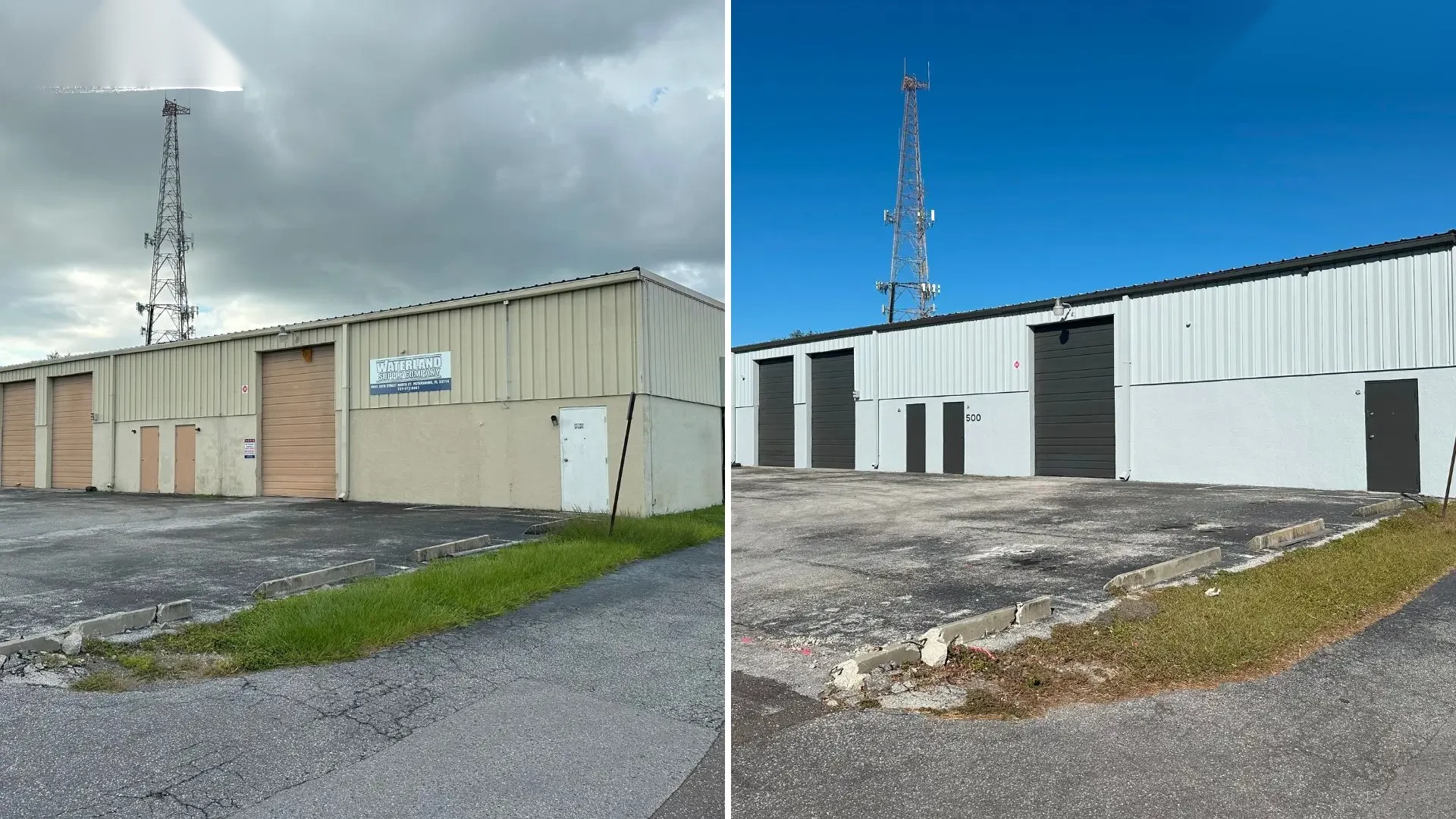 Warehouse Exterior Repaint before and after comparison